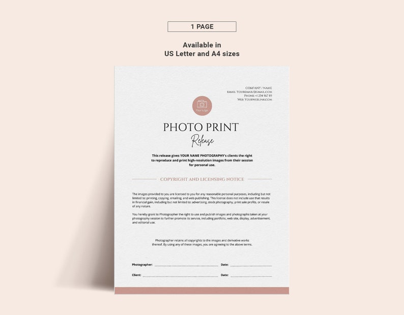 May include: A printable photo release form with a pink camera icon and the text "PHOTO PRINT RELEASE". This form gives the photographer the right to reproduce and print high-resolution images from a client's session for personal use. It also includes a copyright and licensing notice.