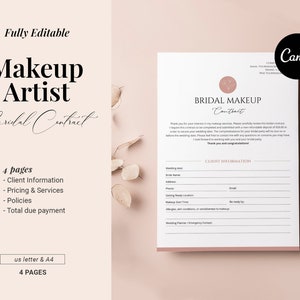 Editable Bridal Makeup Contract Template, Wedding makeup pricelist, Canva template, Freelance service, Artist Contract, Contract forms