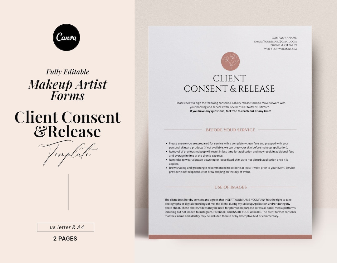 Makeup Artist Client Consent Forms, Photo Release Form, Liability Waiver, MUA Freelance Service
