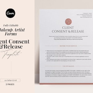 Makeup Artist Client Consent Forms, Photo Release form, Liability waiver, MUA Freelance service agreement, Contract forms, Canva template,