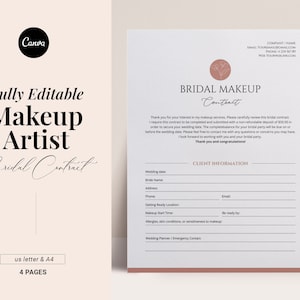 Modello di contratto per trucco sposa, listino prezzi trucco sposa, modello Canva modificabile, servizio freelance, contratto per artista, moduli contrattuali