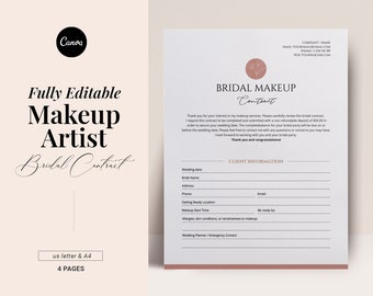 Bridal Makeup Contract Template, Wedding makeup pricelist, Editable Canva template, Freelance service, Artist Contract, Contract forms