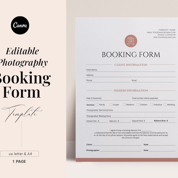 Photography Client Booking Form, Canva template, Booking Form for Photographers, Sign up form template, Photo session editable contract