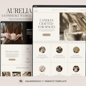 May include: A website template for an e-commerce business, featuring a minimalist design with the text "AURELIA E-COMMERCE WEBSITE". The site showcases candles and includes sections for bestsellers, signature scents, and gift sets.