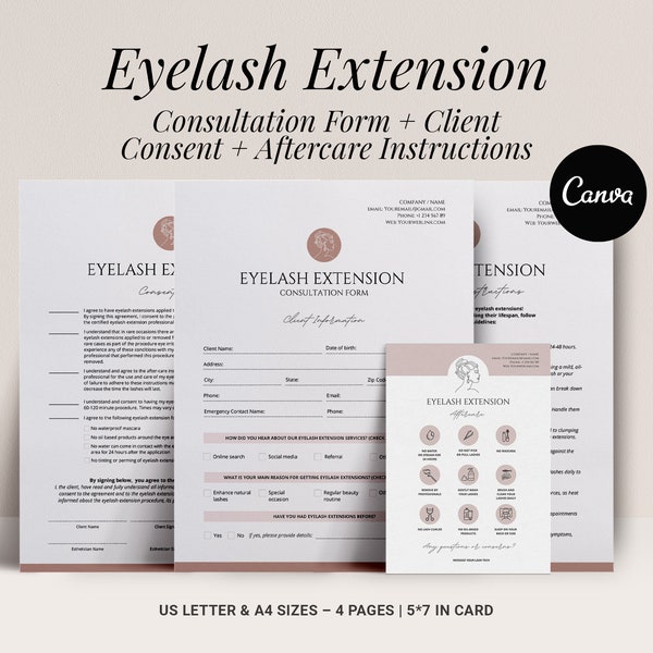 Editable Eyelash Extension Forms, Lash Consent Template, Lash Tech Consultation, Esthetician Templates, Eyelash Aftercare Card, Canva