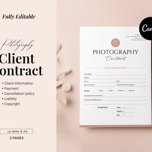Photography Client Contract Template, Editable Client Agreement for Photographers, Photographer Marketing Business form, Canva Template
