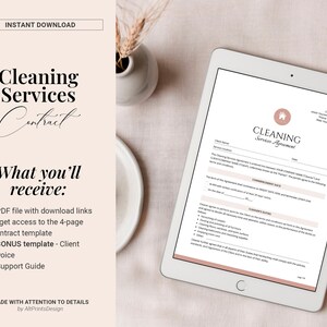 May include: A digital tablet displaying a cleaning services agreement contract template. The text on the tablet reads "Cleaning Services Agreement". The text on the left side of the image reads "Cleaning Services Contract" and "What you'll receive: - PDF file with download links to get access to the 4-page Contract template - BONUS template - Client Invoice - Support Guide".