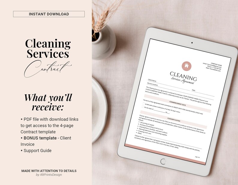 May include: A digital tablet displaying a cleaning services agreement contract template. The text on the tablet reads "Cleaning Services Agreement". The text on the left side of the image reads "Cleaning Services Contract" and "What you'll receive: - PDF file with download links to get access to the 4-page Contract template - BONUS template - Client Invoice - Support Guide".