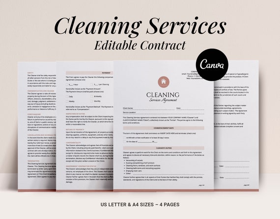 Editable Cleaning services agreement, Cleaning Contract template, Client services contract, Commercial Residential agreements, Canva