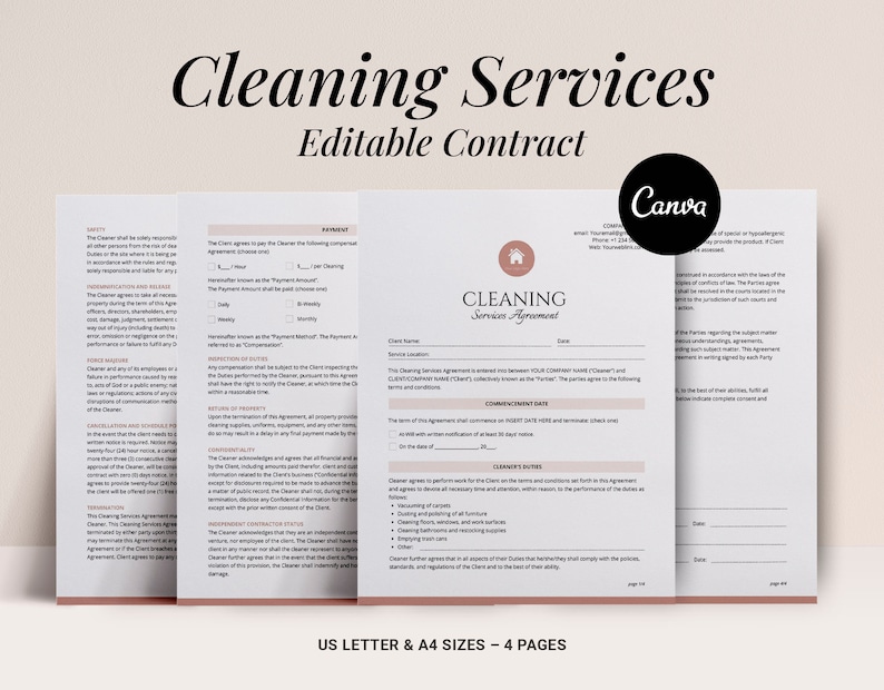 May include: A printable cleaning services contract template in a pink and white color scheme. The contract is titled "Cleaning Services Agreement" and includes sections for client information, service details, and payment terms. The document is designed for use by professional cleaning services.