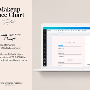 May include: A computer screen displaying a makeup face chart template. The template includes sections for skincare, base, and eye makeup. The text on the screen says "Makeup Face Chart Template".
