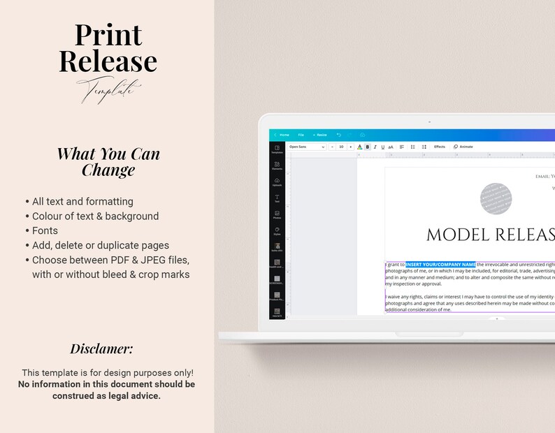 Minor Release Computer Editable Model Release Template for Photographers, Photography Form ...