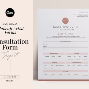May include: A printable makeup consultation form template with a pink floral design. The form includes sections for client information, makeup services, skin type, skin tone, skin undertone, and eye color.
