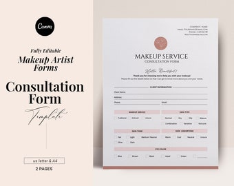 Modèle de formulaire de consultation de client d'artiste de maquillage, formulaire d'admission de service de maquillage modifiable, contrat MUA indépendant, salon de spa d'esthéticienne, Canva