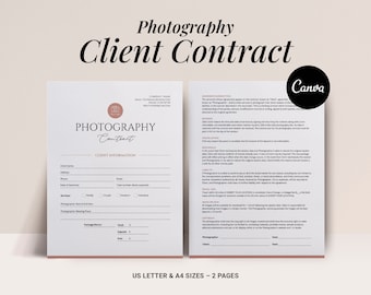 May include: A two-page photography client contract template in a minimalist style with a pink and brown color scheme. The contract includes sections for client information, photography details, and payment terms. The document is designed for use by photographers and their clients.