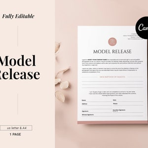 May include: A printable model release form with a camera icon and the text "MODEL RELEASE". The form includes fields for name, address, phone, date, signature, guardian signature, and witness signature.