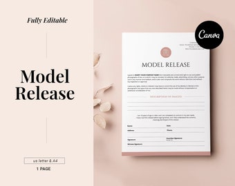 May include: A printable model release form with a camera icon and the text "MODEL RELEASE". The form includes fields for name, address, phone, date, signature, guardian signature, and witness signature.