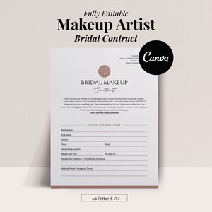 Redigerbar mall för brudmakeupavtal, prislista för bröllopsmakeup, Canva-mall, frilanstjänst, konstnärskontrakt, kontraktsformulär