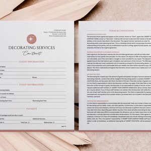 Editable Event Decorating Services Contract Template, Client Service Agreement, Event planning forms, Wedding decor equipment rental, Canva