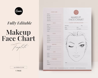 Makeup Artist Face Chart template, Freelance artist form, Editable Consultation Face Chart, MUA contract, Esthetician spa form, Canva