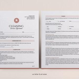 May include: A cleaning services agreement template with sections for client information, commencement date, cleaner's duties, payment, inspection of duties, return of property, confidentiality, and independent contractor status.
