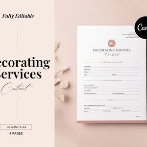 Event Decorating Services, Canva Contract Template, Editable event planning forms, Client Service Agreement, Wedding decor equipment rental
