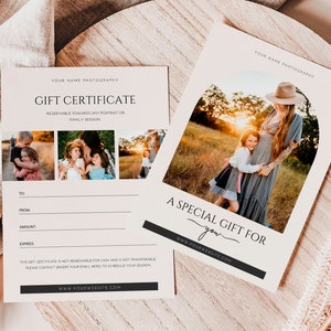 Modèle de certificat-cadeau de photographe modifiable, carte de coupon de bon 5x7, photo de mariage de famille, marketing de marque de photographie, Canva