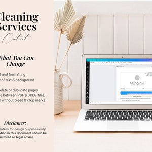 May include: A laptop computer displaying a cleaning service contract template. The template is customizable and includes text, formatting, color, fonts, and page options. The template can be saved as a PDF or JPEG file with or without bleed and crop marks.  The text on the screen reads "Cleaning Service Agreement".