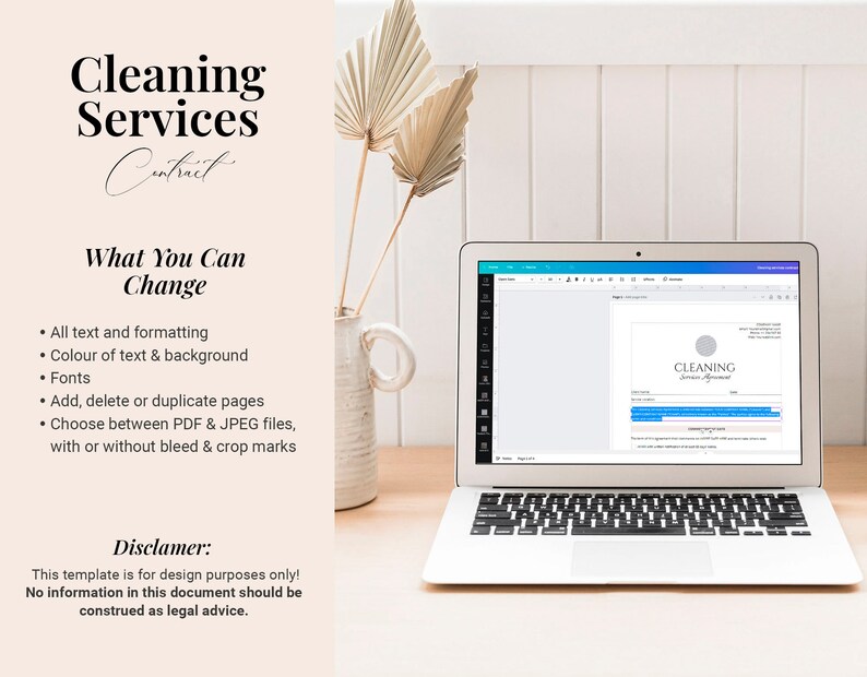 May include: A laptop computer displaying a cleaning service contract template. The template is customizable and includes text, formatting, color, fonts, and page options. The template can be saved as a PDF or JPEG file with or without bleed and crop marks.  The text on the screen reads "Cleaning Service Agreement".