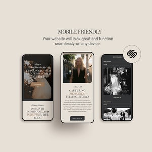 May include: A mobile phone screen displaying a website for a photographer. The website features a black and white photo of a couple, a call to action to "Let's connect and create memories together", and a blog section titled "Discover inspiration and insights in our blog".