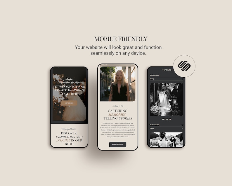 May include: A mobile phone screen displaying a website for a photographer. The website features a black and white photo of a couple, a call to action to "Let's connect and create memories together", and a blog section titled "Discover inspiration and insights in our blog".