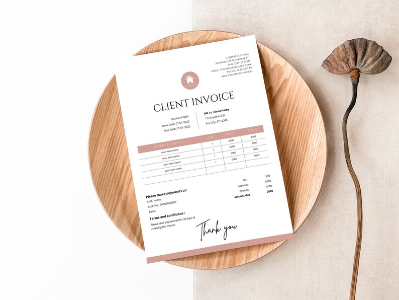 May include: A minimalist client invoice template with a house icon in the top left corner. The invoice includes the invoice number, invoice date, due date, bill to information, product details, and payment information. The invoice has a thank you message at the bottom.