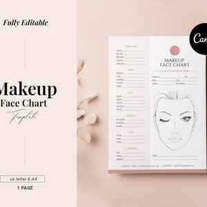 Bearbeitbare Maskenbildner-Gesichtstabellenvorlage, freiberufliches Künstlerformular, Makeup-Beratungsgesichtstabelle, MUA-Vertrag, Esthetician Spa-Formular, Canva