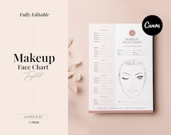 Editable Makeup Artist Face Chart template, Freelance artist form, Makeup Consultation Face Chart, MUA contract, Esthetician spa form, Canva