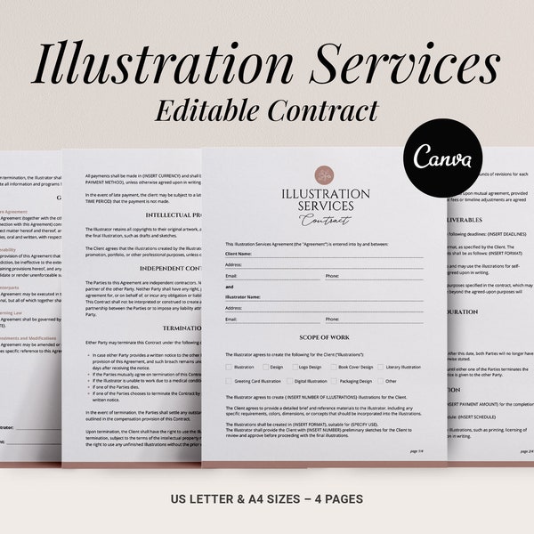 Illustration Services Contract Template, Freelance Illustrator Designer Agreement, Commissioned Art Contract, Editable Agreement Pdf, Canva