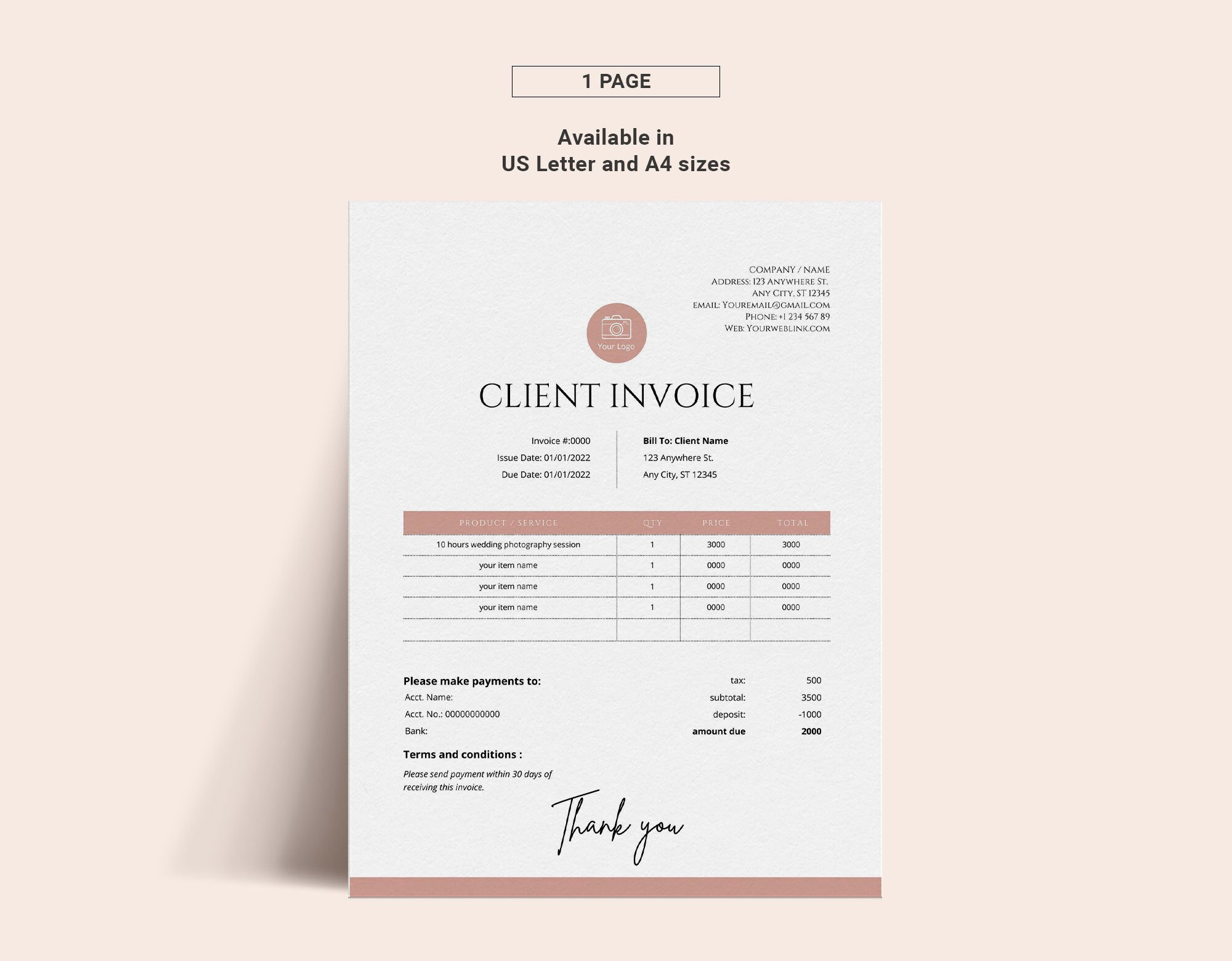 Invoice Template for Photographers, Photography Invoice Receipt Form