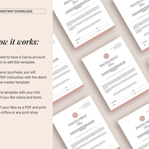 May include: A mockup of a printable photo release form with the text "PHOTO PRINT Release" and "COPYRIGHT AND MODEL RELEASE" in a pink circle. The form is on a white background.