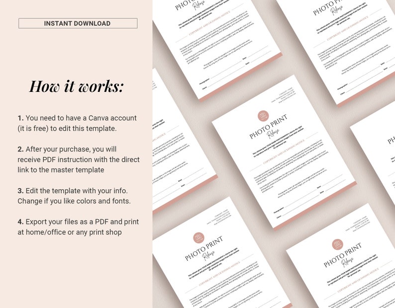 May include: A mockup of a printable photo release form with the text "PHOTO PRINT Release" and "COPYRIGHT AND MODEL RELEASE" in a pink circle. The form is on a white background.
