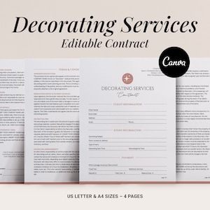Event Decorating Services Contract, Client Service Agreement, Editable event planning forms, Wedding decor equipment rental, Canva Template