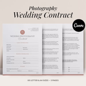 May include: A three-page wedding photography contract template in a minimalist style with a pink and brown color scheme. The contract includes sections for client information, wedding information, payment details, and signatures. The document is titled "Wedding Photography Contract" and features a camera icon.