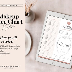 May include: A digital template for a makeup face chart. The template includes sections for skincare, base, eyes, brows, lips, and cheeks. The template also includes a space for client information. The template is displayed on a tablet.