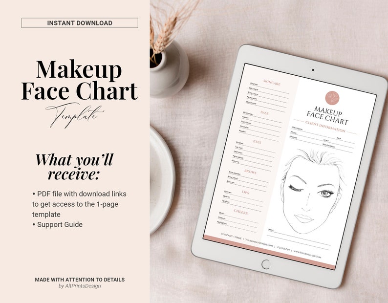 May include: A digital template for a makeup face chart. The template includes sections for skincare, base, eyes, brows, lips, and cheeks. The template also includes a space for client information. The template is displayed on a tablet.