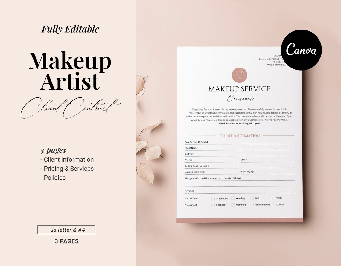 Makeup Artist Contract Template Editable Client Makeup Etsy Makeup Artist Contract Template Editable Client Makeup Etsy