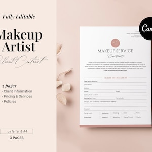 Makeup Artist Contract Template, Editable Client makeup agreement, MUA Freelance service, Booking form, Artist Contract, Canva template,