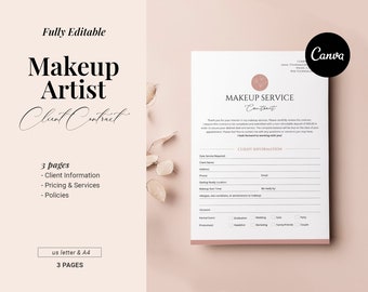 Makeup Artist Contract Template, Editable Client makeup agreement, MUA Freelance service, Booking form, Artist Contract, Canva template,