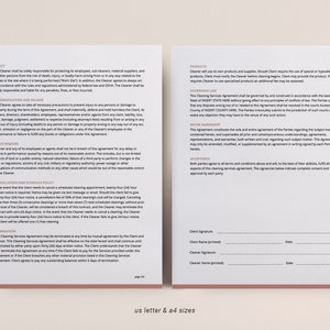 May include: A cleaning service agreement contract with sections for safety, indemnification and release, force majeure, cancellation and schedule policy, products, governing law, entire agreement, and acceptance. The contract includes spaces for client and cleaner signatures and dates.