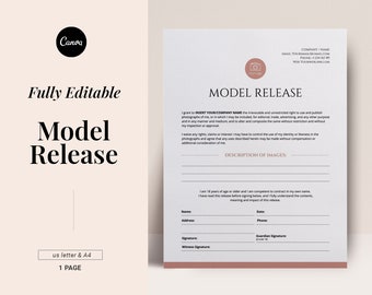 May include: A printable model release form with a brown and white color scheme. The form includes fields for the model's name, address, date, phone number, signature, and witness signature. The form also includes a section for the description of images.