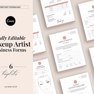 May include: Six printable templates for makeup artist business forms. The templates include a makeup service consultation form, a client consent and release form, a bridal makeup consultation form, a makeup face chart, and two invoice templates. The templates are fully editable and available in US letter and A4 sizes.
