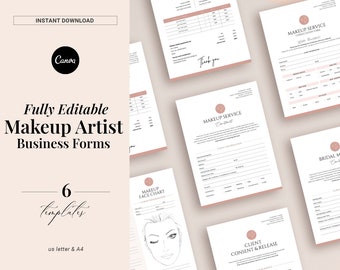 May include: Six printable templates for makeup artist business forms. The templates include a makeup service consultation form, a client consent and release form, a bridal makeup consultation form, a makeup face chart, and two invoice templates. The templates are fully editable and available in US letter and A4 sizes.