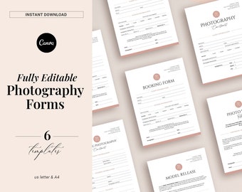 Lot de 6 modèles de formulaires photographiques, contrat de mariage, contrat client, autorisation d'impression du photographe, autorisation du modèle, réservation, facture, CANVA